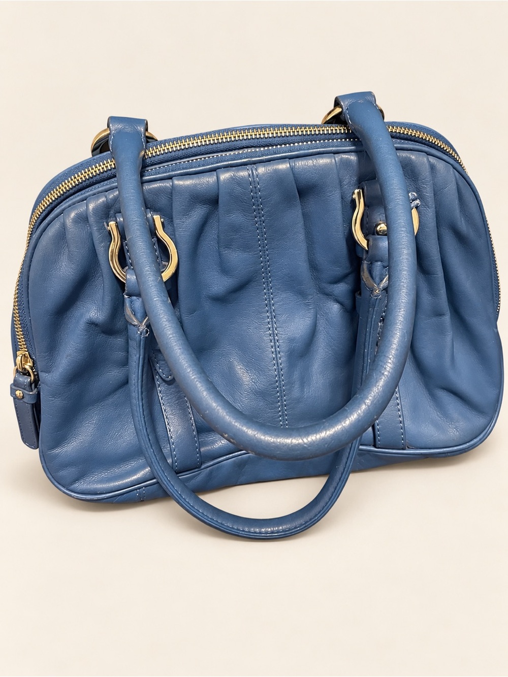 Cole Haan Blue Pleated Satchel Bag Gold Hardware